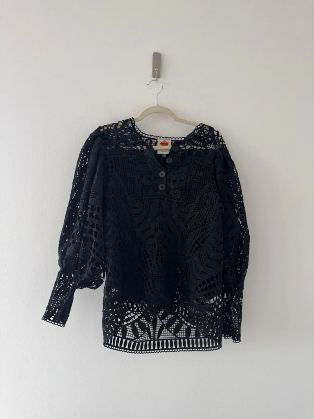 FARM RIO Guipire Puff Sleeve Black Blouse S